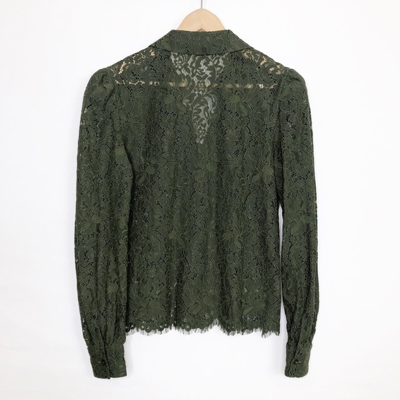 L’AGENCE Olive green, sheer lace, button-down puff sleeve shirt - Picture 3 of 12